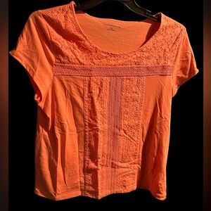 Croft & Barrow Eyelet Knit Top XL Peach Scoop Neck short Sleeve